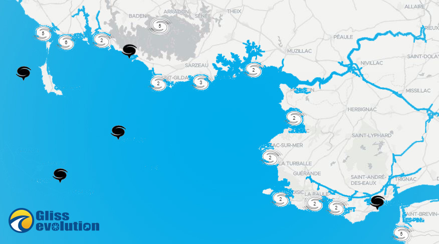 Carte des spots de kite en Bretagne sud et Pays de la Loire