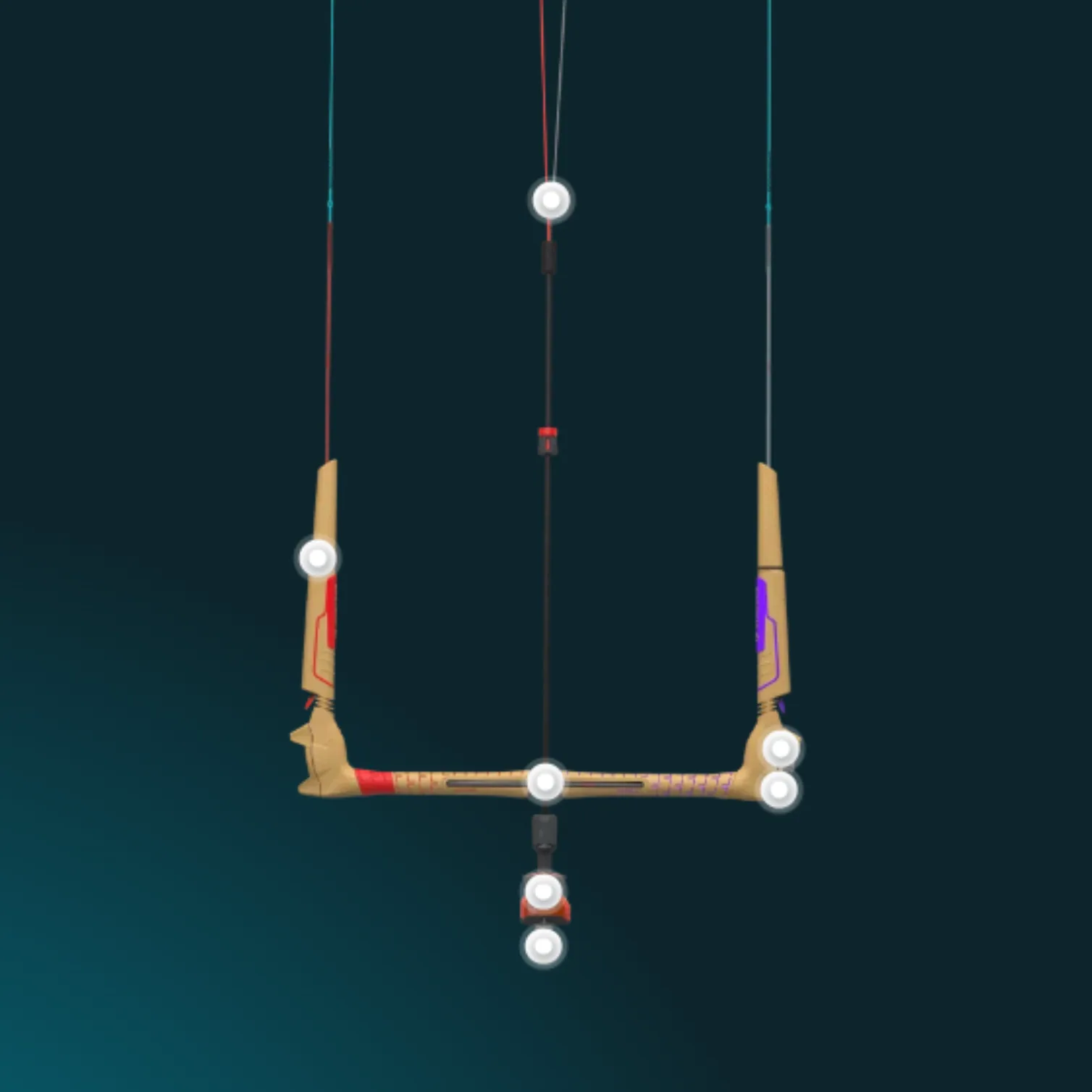 Schéma technique d'une barre de kitesurf moderne avec bearing central et système Click-In