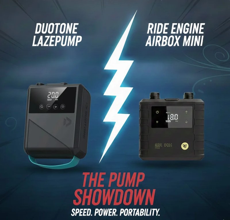 Comparatif pompes électriques kite et wing : Duotone Lazepump vs Ride Engine Airbox Mini